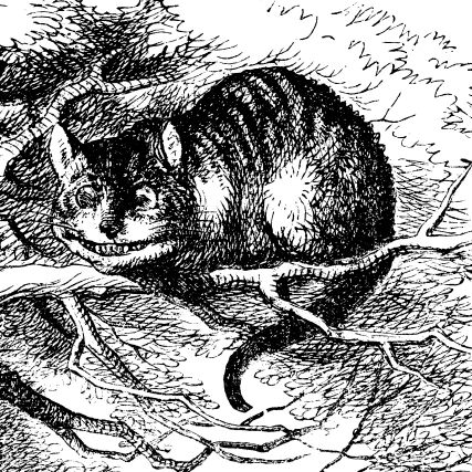 The grinning Cheshire Cat on a tree branch, illustrated by John Tenniel