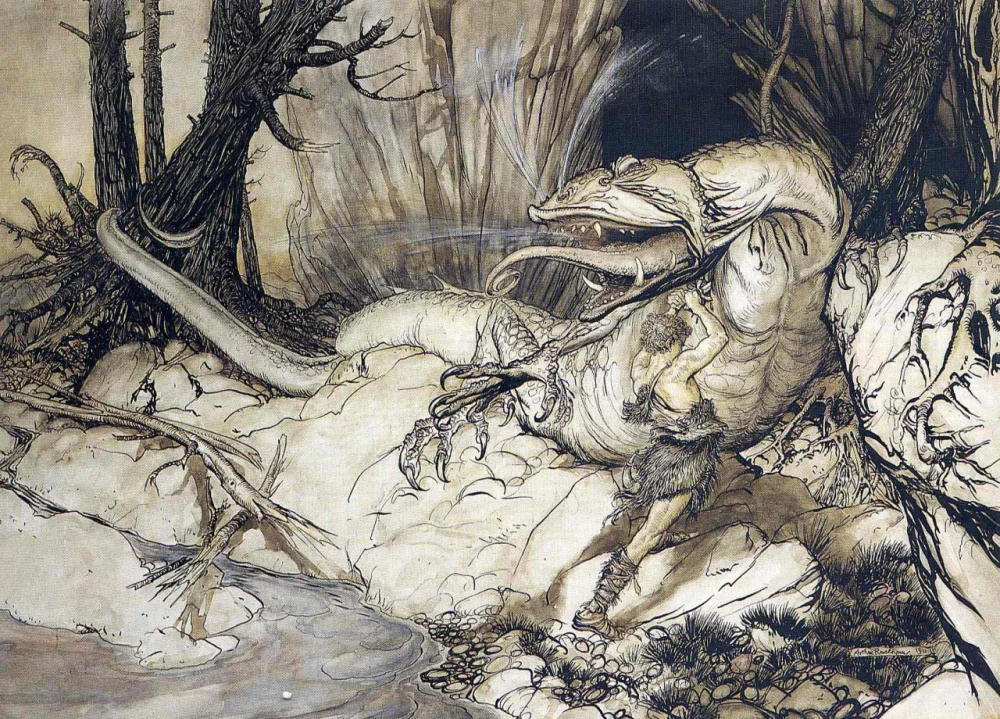 Siegfried fighting the dragon Fafnir in a painting by Arthur Rackham