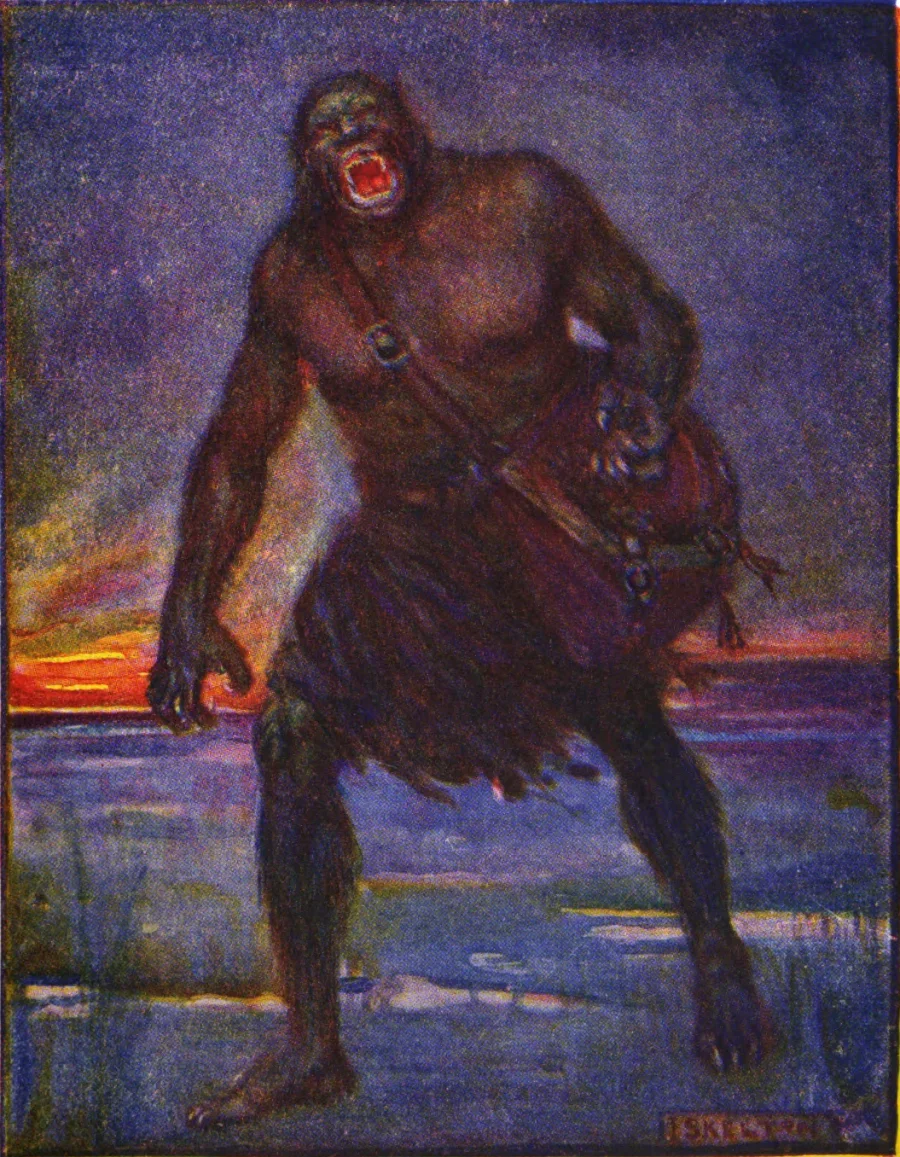 Grendel standing at the edge of a dark pool, painted by J. R. Skelton