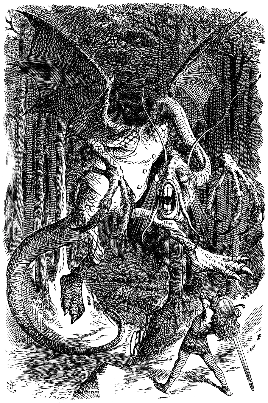 The Jabberwock confronting a sword-bearing hero, illustrated by John Tenniel