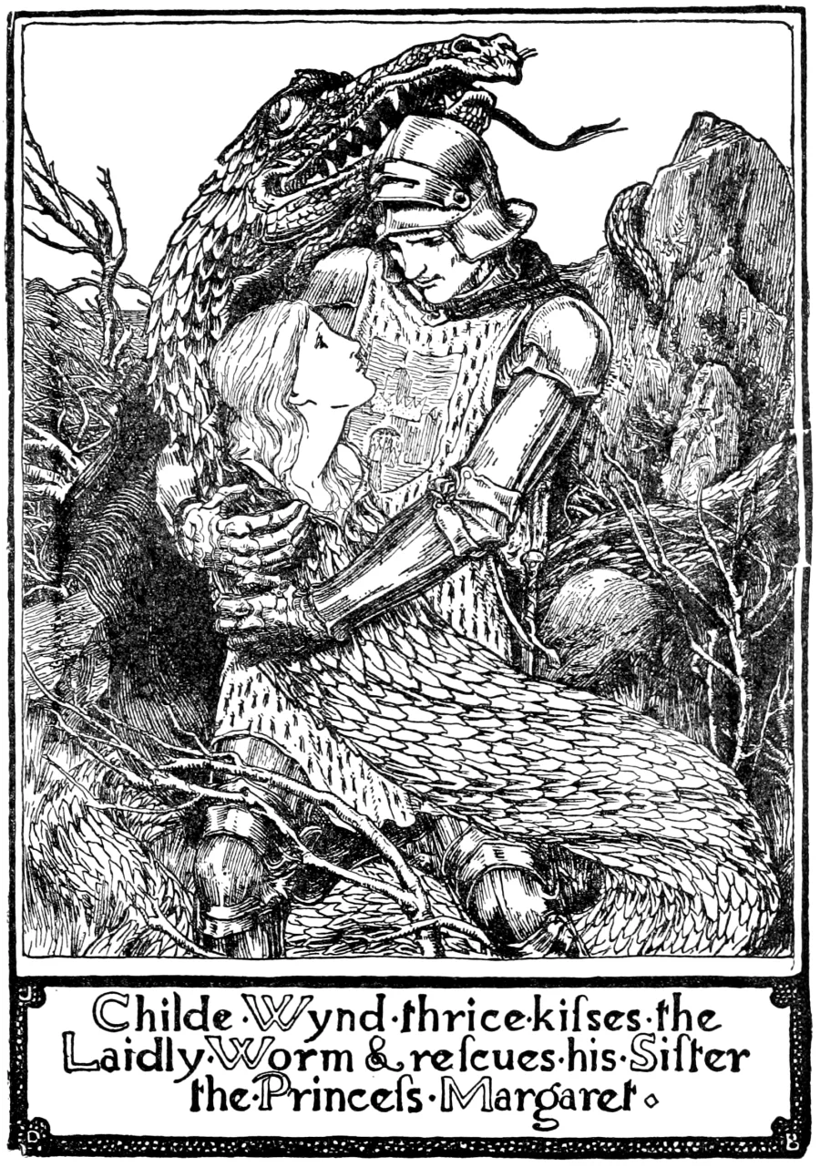 Childe Wynd kissing the Laidly Worm as it coils around him, illustrated by John D. Batten