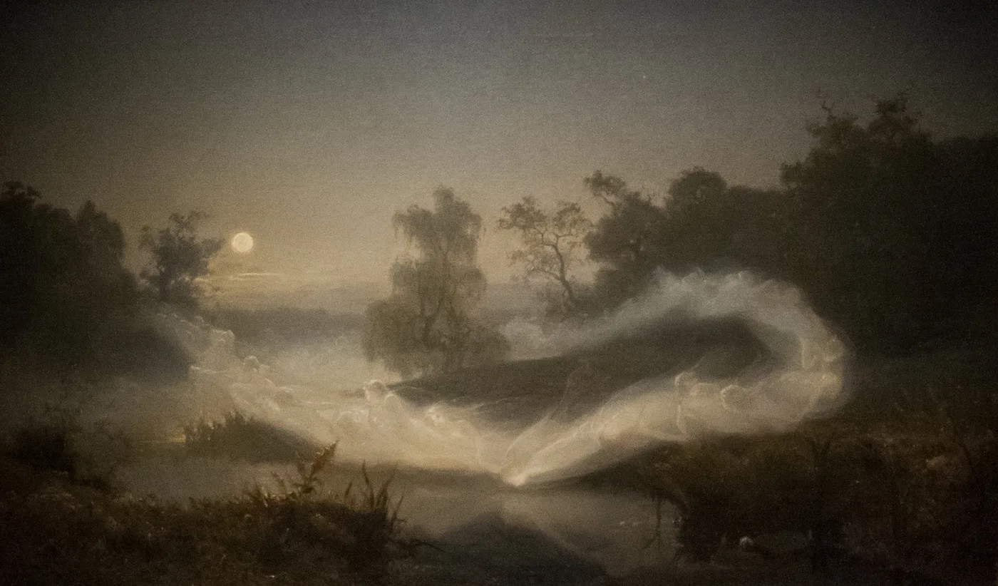 Misty dancers in August Malmström’s moonlit landscape