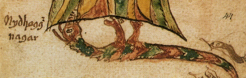 Níðhöggr gnawing a root of Yggdrasil in a seventeenth-century Icelandic manuscript