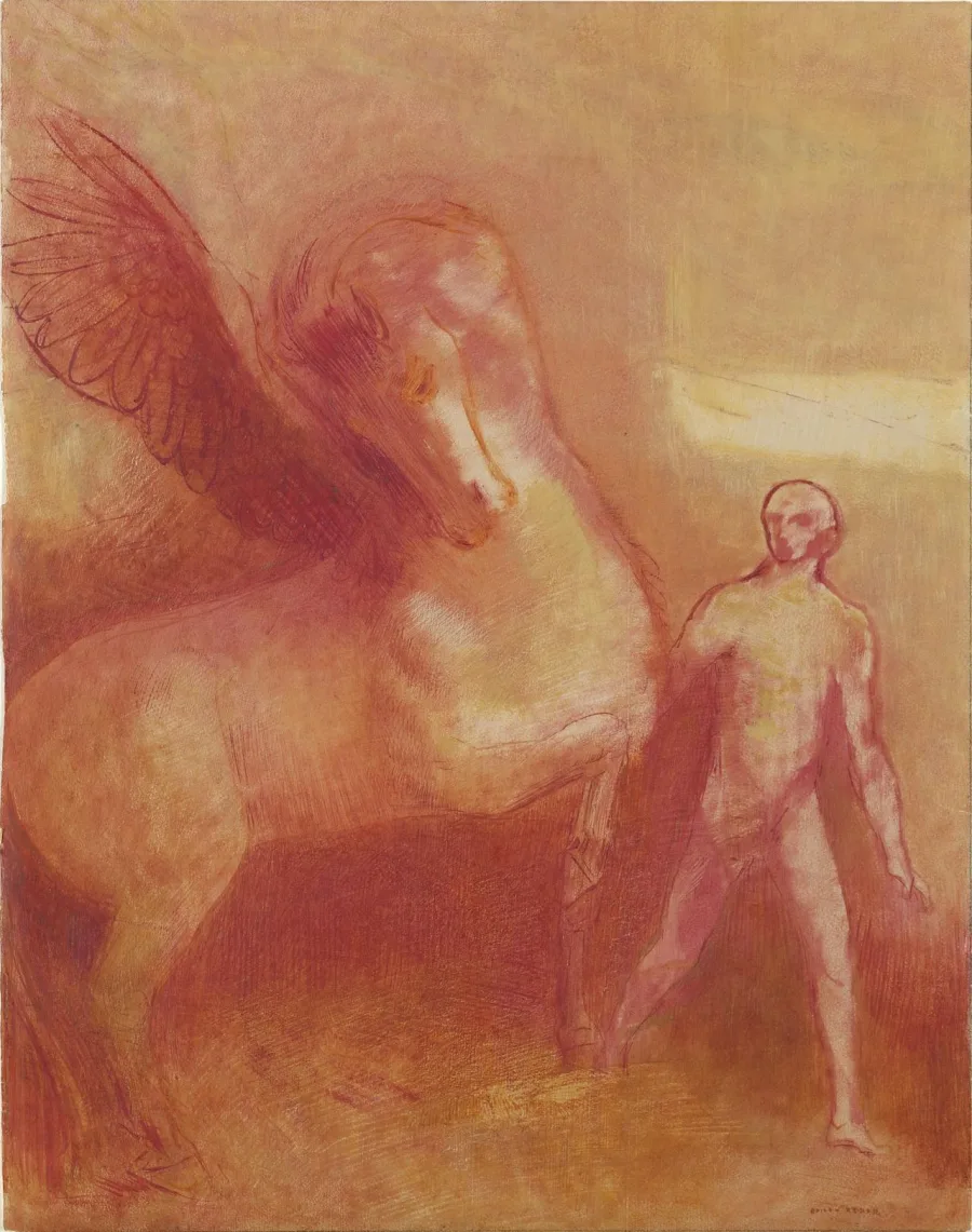 Pegasus standing with raised wings in a drawing by Odilon Redon